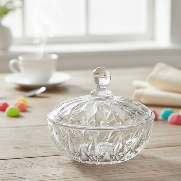 Vintage JOSKA Bleikristall Lead Crystal Candy Dish w/ Frosted Leaves & Lid Glass - Picture 1 of 12